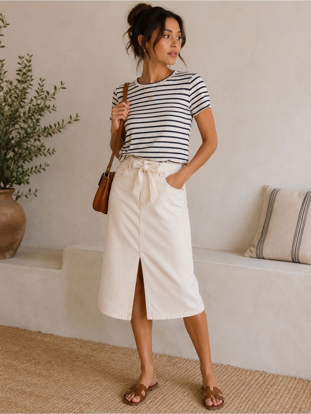 Antonio Melani Ivory Belted Denim Midi Skirt High Rise Large Est No Size Tag